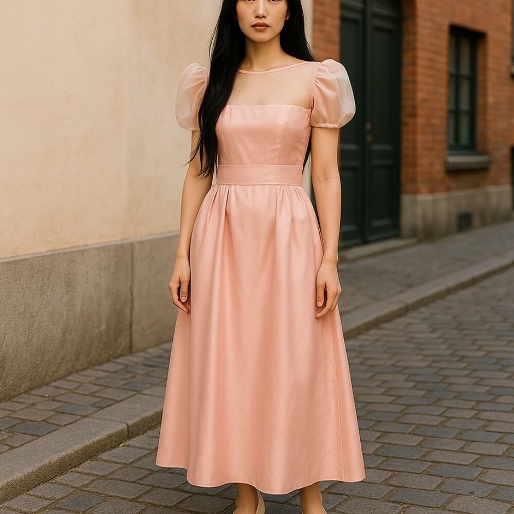 Vintage House of Bianchi Women's Maxi Dress Pink Bow Size 10 Balloon Sleeve